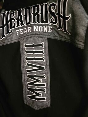 HeadRush Fear None Women's Black and Gray Denim-Panel Jean Jacket